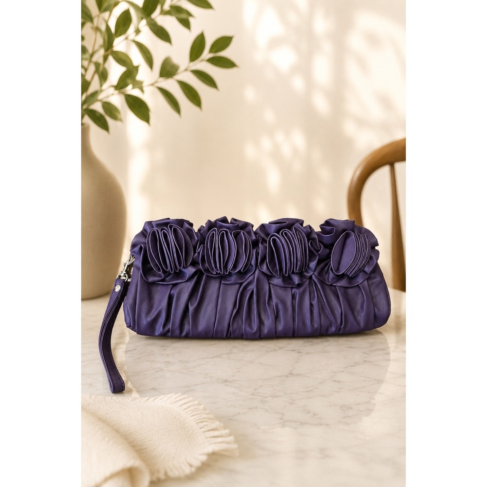 Purple Floral Rosette Wristlet Clutch Y2K Evening Party Faux Leather Grad Prom